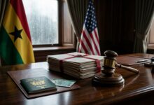 A Ghanaian passport, legal documents, and a gavel on a desk with the flags of Ghana and the United States