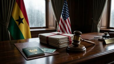 A Ghanaian passport, legal documents, and a gavel on a desk with the flags of Ghana and the United States