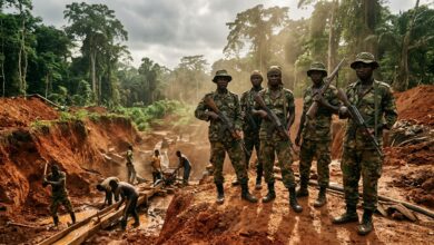 Five armed soldiers in camouflage stand guard at an open-pit mine in a tropical forest while workers dig